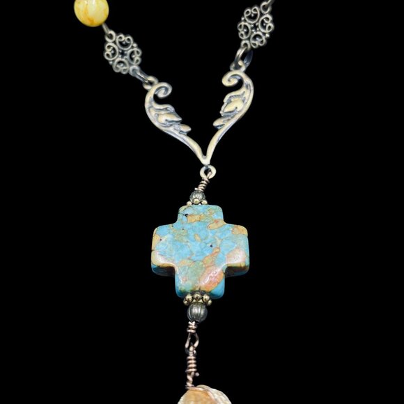 Boho Gypsy Cross Pendant Necklace Turquoise Tassel Long Beaded Chain Vintage - Picture 7 of 9